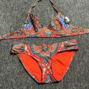 LUCKY BRAND vacation paisley red print bikini swim travel underwire medium m